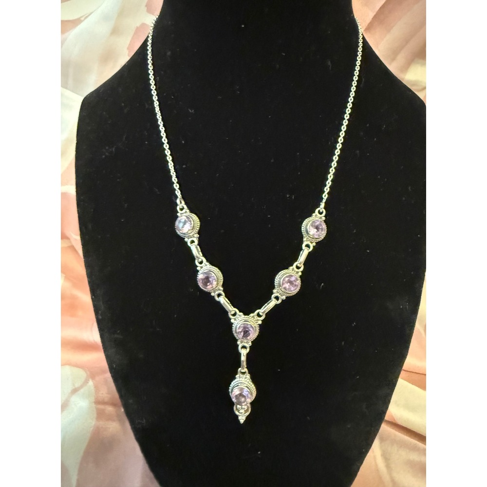 Vintage Sterling Silver Amethyst Y-Drop Necklace Bohemian Lavalier Purple Gem - Picture 1 of 8